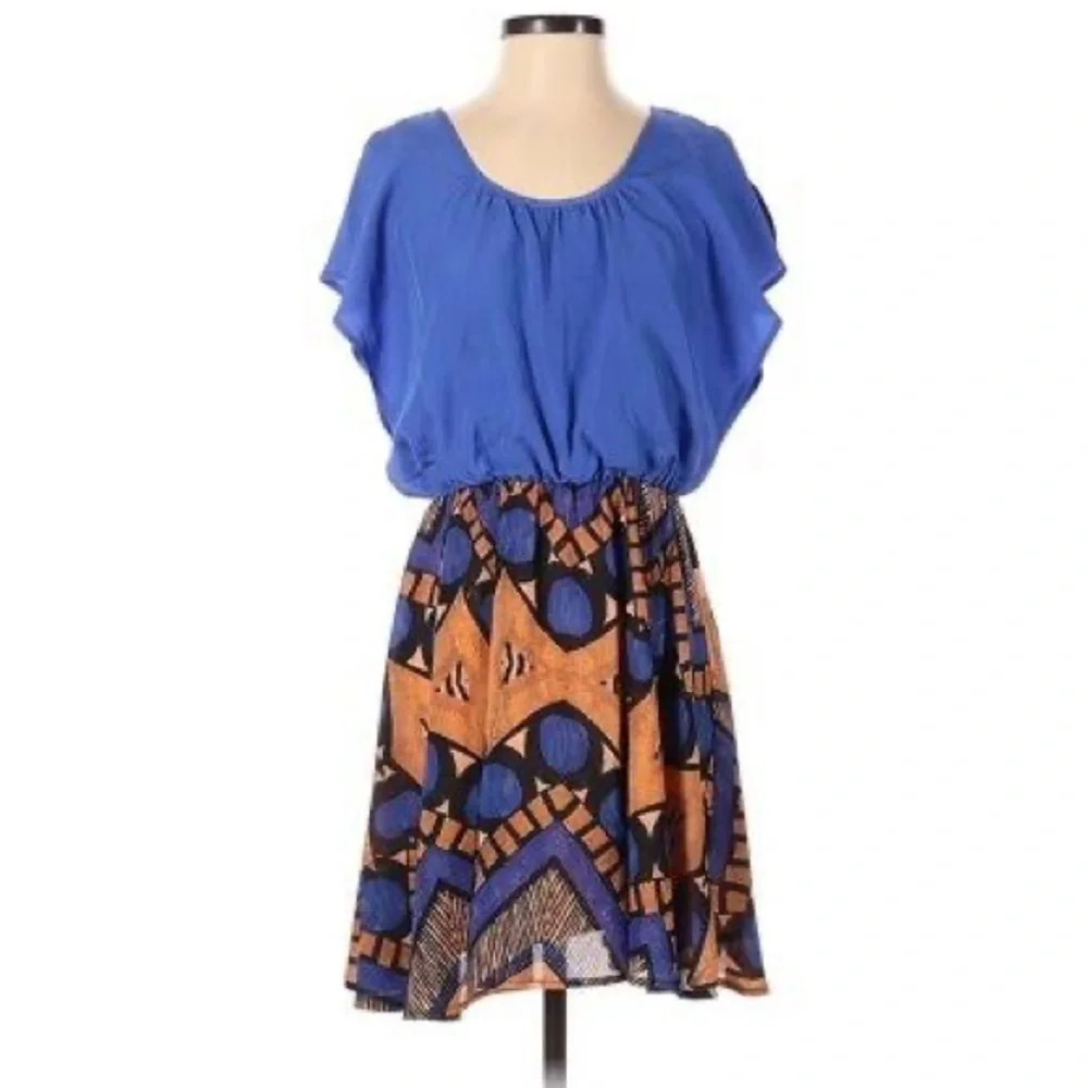Bar III Blue Geometric Tribal Print Blouson Mini Dress XS Flutter Sleeve